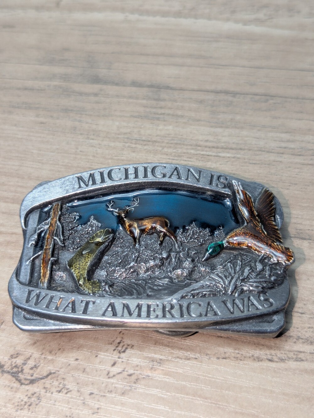 Vintage 1983 "Michigan Siskiyou Pewter Belt Buckle